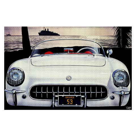 A 1953 Corvette in India Ivory color on the beach at dusk - Mark Watts -Corvette-Area-Rug-Retro-Decor-www.CarFurniture.com