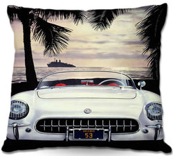 A 1953 Corvette in India Ivory color on the beach at dusk - Mark Watts -Corvette-Throw-Pillow-Accent-Retro-Decor-www.CarFurniture.com