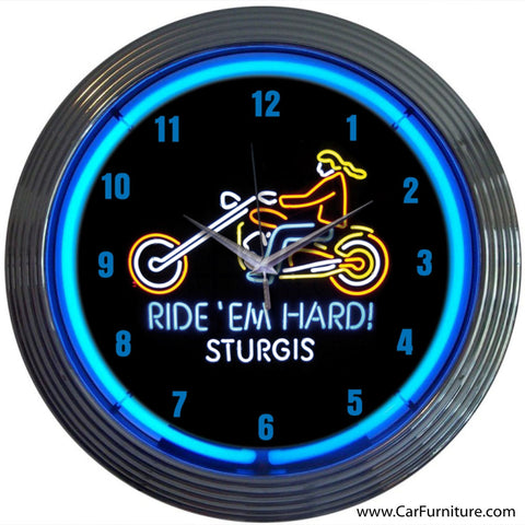Ride Hard Motorcycle Blue Neon Clock