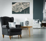 Car Engine and Interior X-Ray Blueprint Teal Canvas Print
