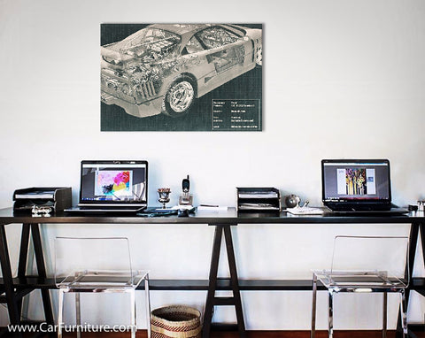 Car Engine and Interior X-Ray Blueprint Teal Canvas Print