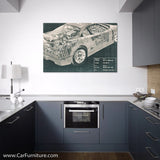 Car Engine and Interior X-Ray Blueprint Teal Canvas Print