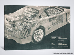 Car Engine and Interior X-Ray Blueprint Teal Canvas Print