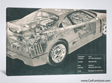 Car Engine and Interior X-Ray Blueprint Teal Canvas Print