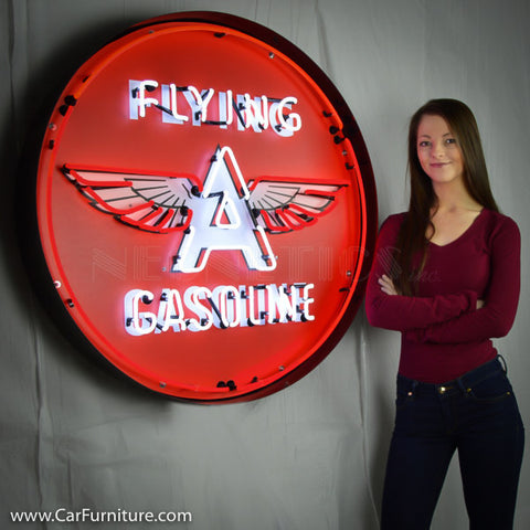Flying A Gasoline Large Neon Sign in Steel Can