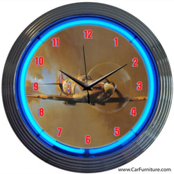 Spit Fire WW2 Plane Blue Neon Clock